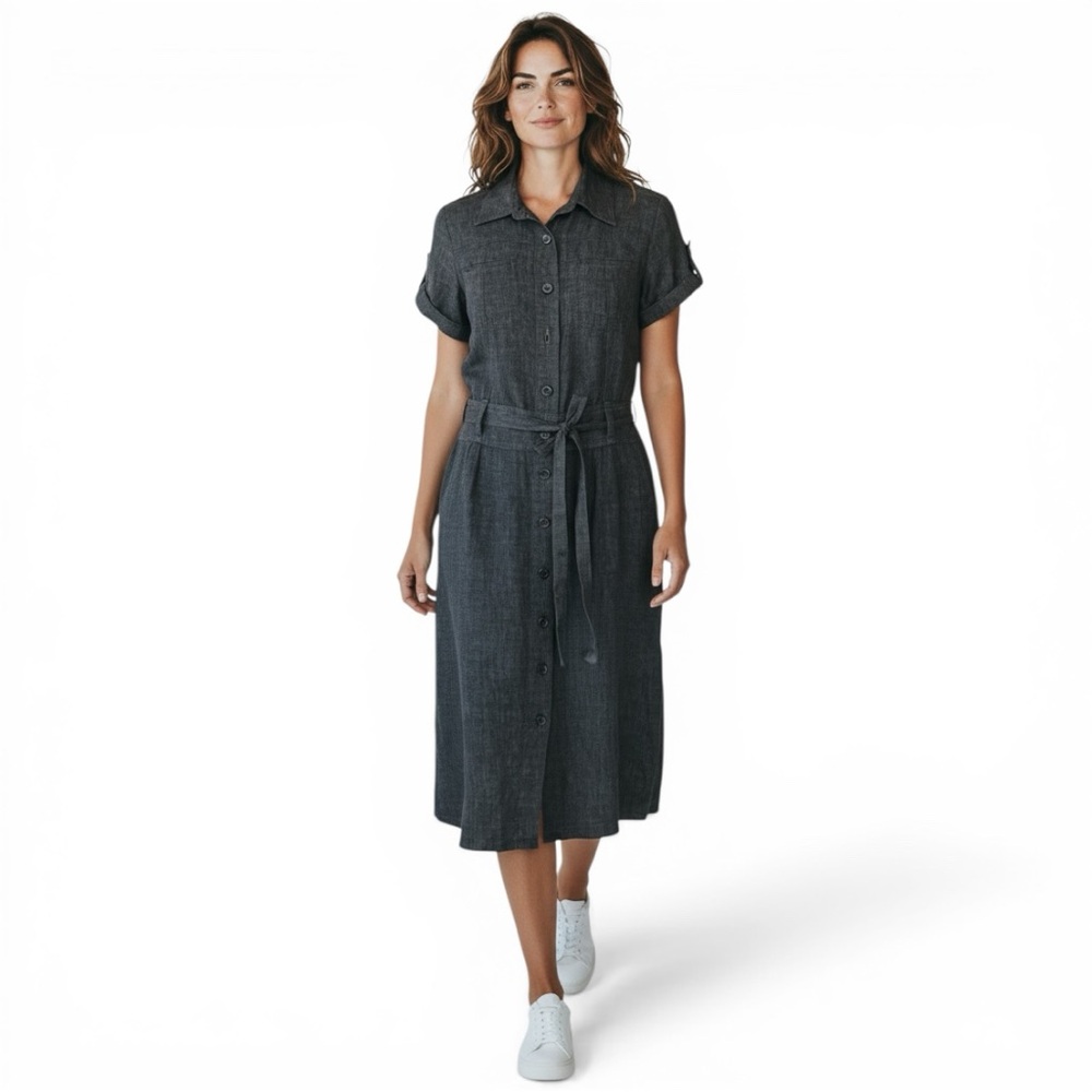 Comptoir des Cotonniers Linen Blend Shirt Dress Belted Drop Waist Blue Size 36